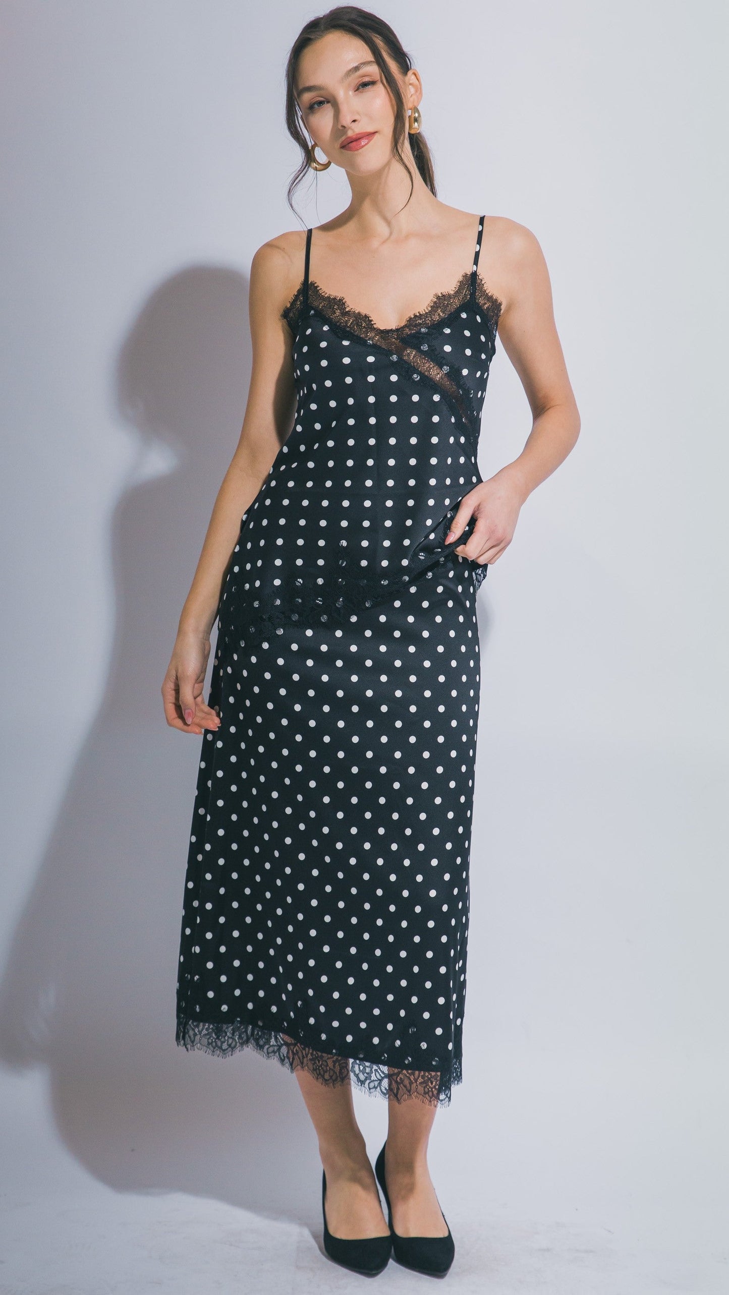 Polka Dot Midi Skirt W/ Lace Trim