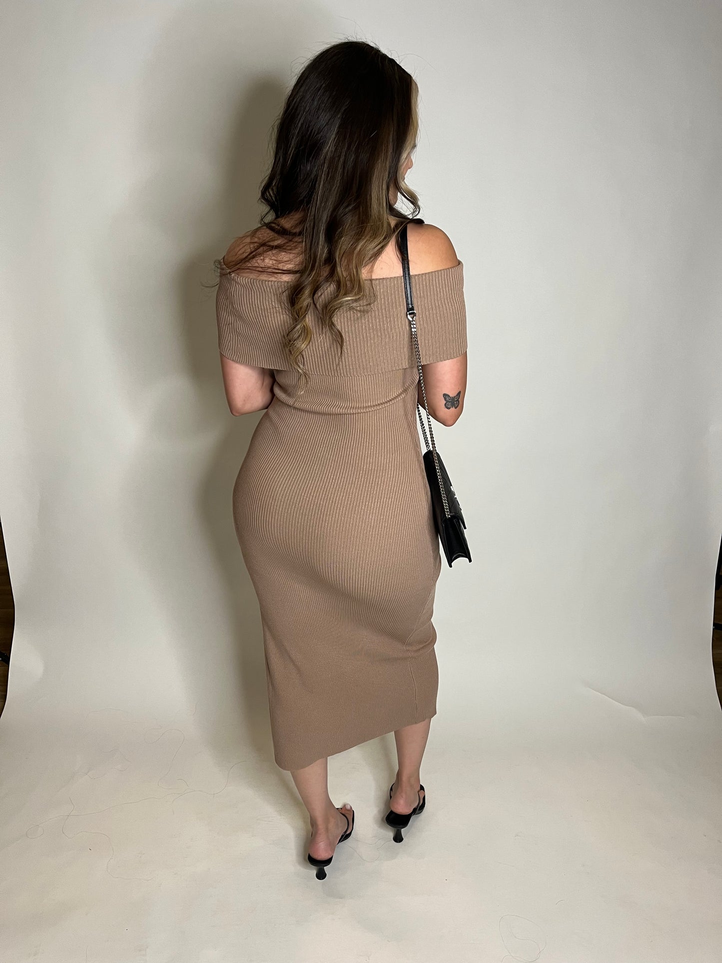 Mocha off shoulder dress