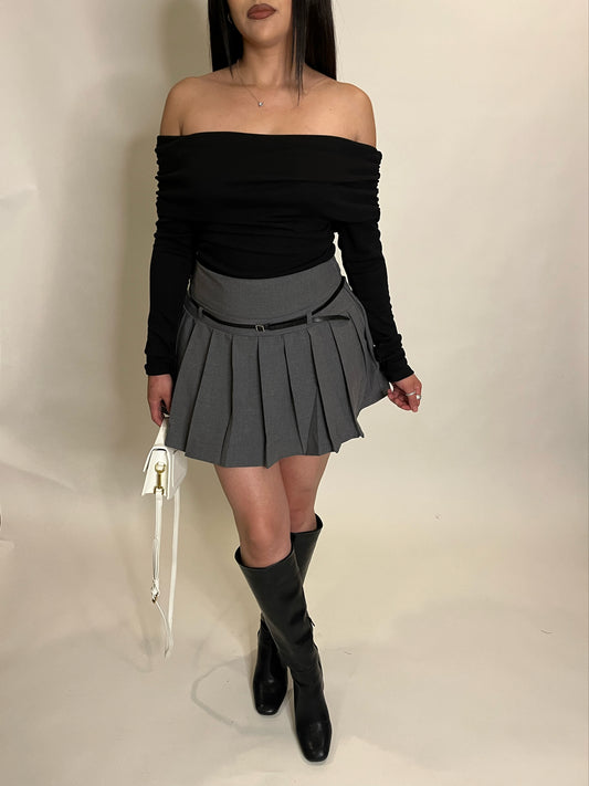 Charcoal Pleated Belted Skirt with Shorts