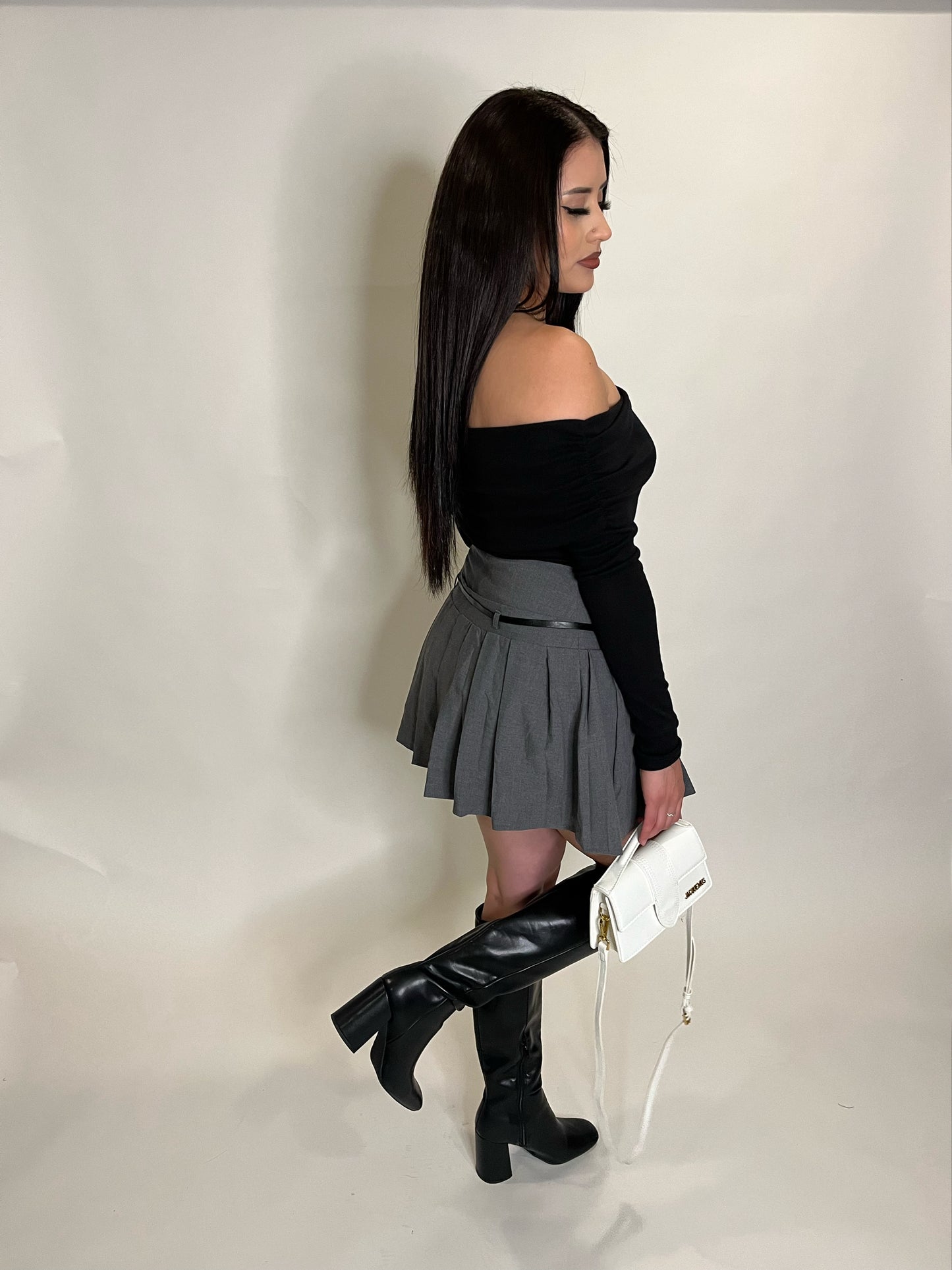 Charcoal Pleated Belted Skirt with Shorts